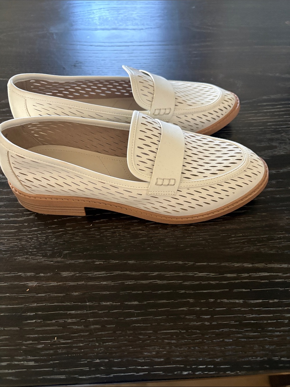 Franco Sarto Ivory Perforated Penny Loafers with Tan Sole - Picture 3 of 8